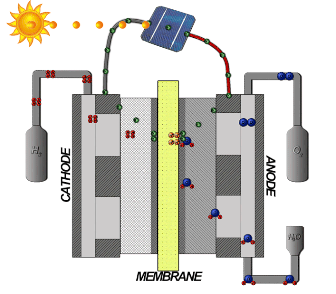 一种示意图，显示电解液的工作原理，带有标记的阳极，阴极和膜零件。