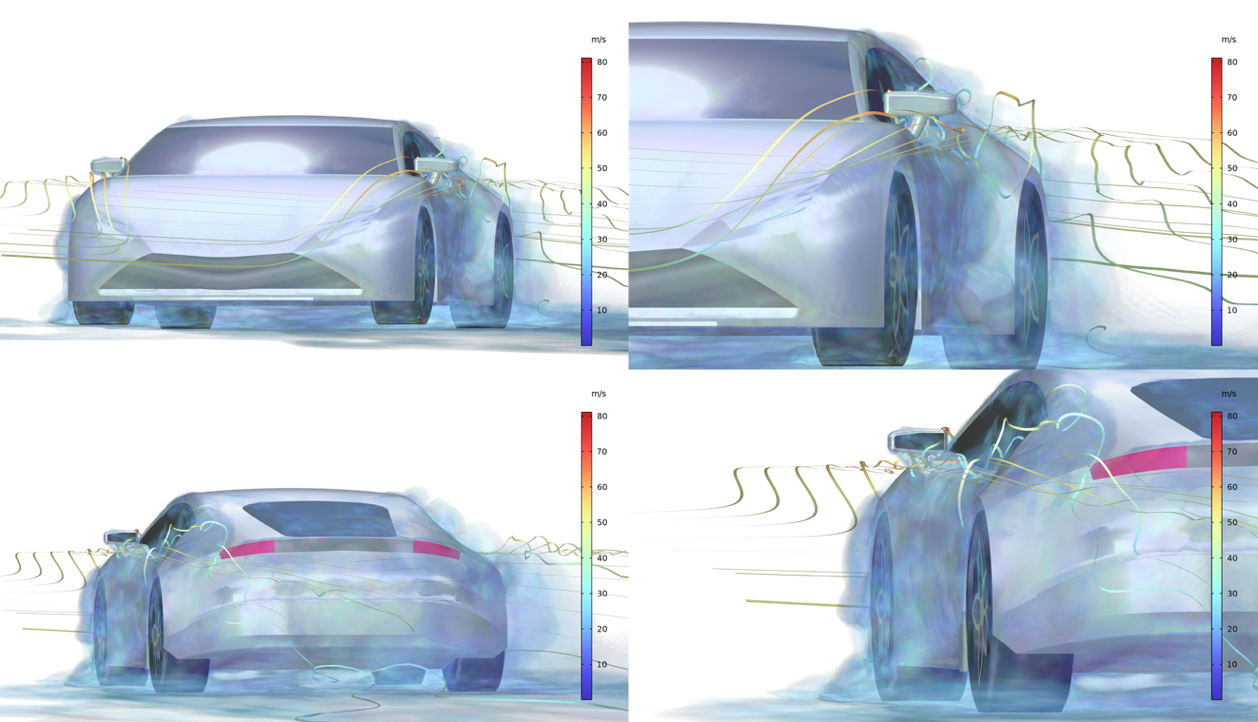 4个模拟结果的拼贴显示，显示了跑车周围的流场，两种视图放大了，以显示侧门周围的流动。