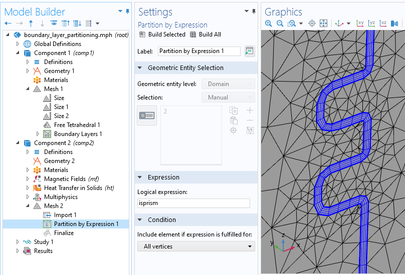左侧的模型树的屏幕截图，中间的表达设置分区，右侧的图形窗口，显示了一个新的灰色和蓝色分区网格域。