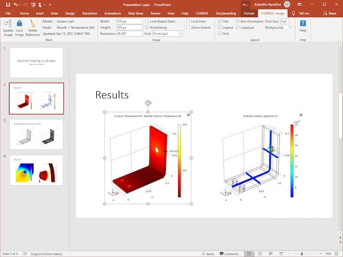 PowerPoint应用程序的屏幕截图打开，Comsol Image Ribbon选项卡在顶部菜单栏上展开。