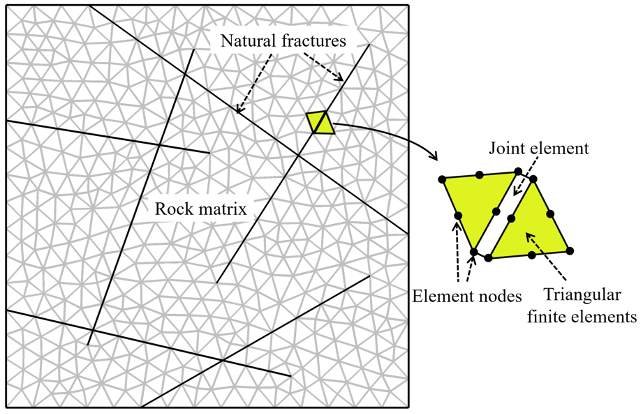 液压模型的离散网格，带有自然断裂，岩石基质，关节元件，元素节点和标记为三角元素的元素。
