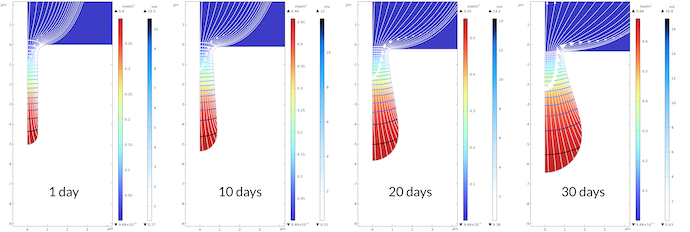 四个并排图显示了在1、10、20和30天在金属表面中坑的生长，在彩虹和蓝白色彩色桌子中可视化。