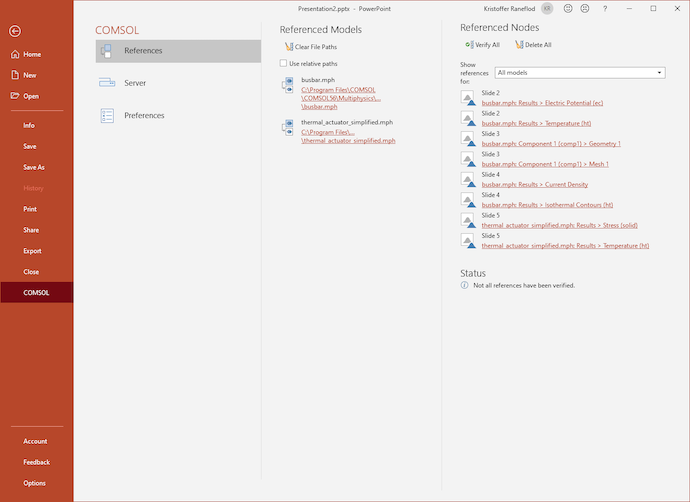 PowerPoint应用程序的屏幕截图打开并显示Comsol选项卡，带有参考，服务器和首选项的选项，以及引用节点和引用模型的列表。