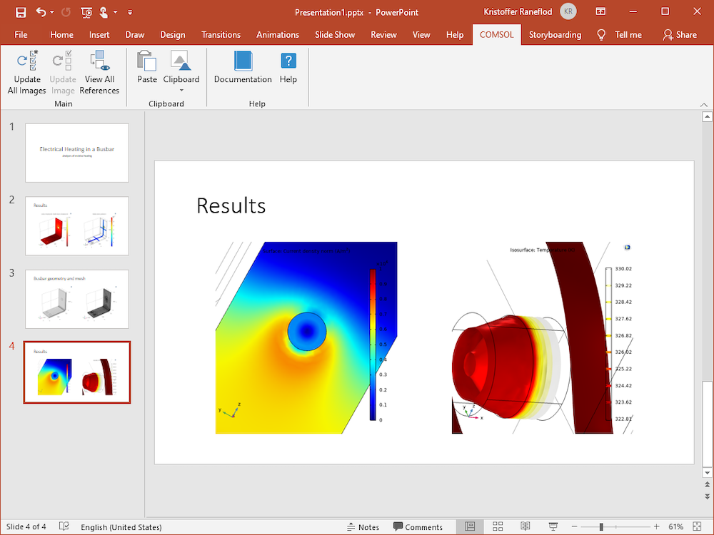 PowerPoint应用程序的屏幕快照在编辑模式下在幻灯片上打开，左侧有4个幻灯片缩略图，并带有两个模型图像的开放式幻灯片。