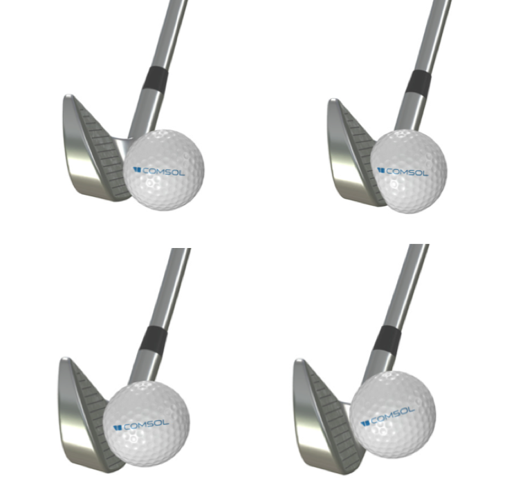四张图像的拼贴画显示了一个高尔夫球，在被高尔夫球杆击中之前，之中和之后，徽标上的徽标在每个时间步骤中都略微旋转。