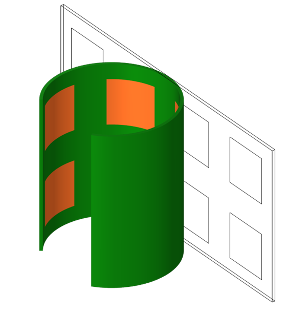 包装后，以绿色和橙色显示的变形部分，以线框显示了初始状态，以供参考。