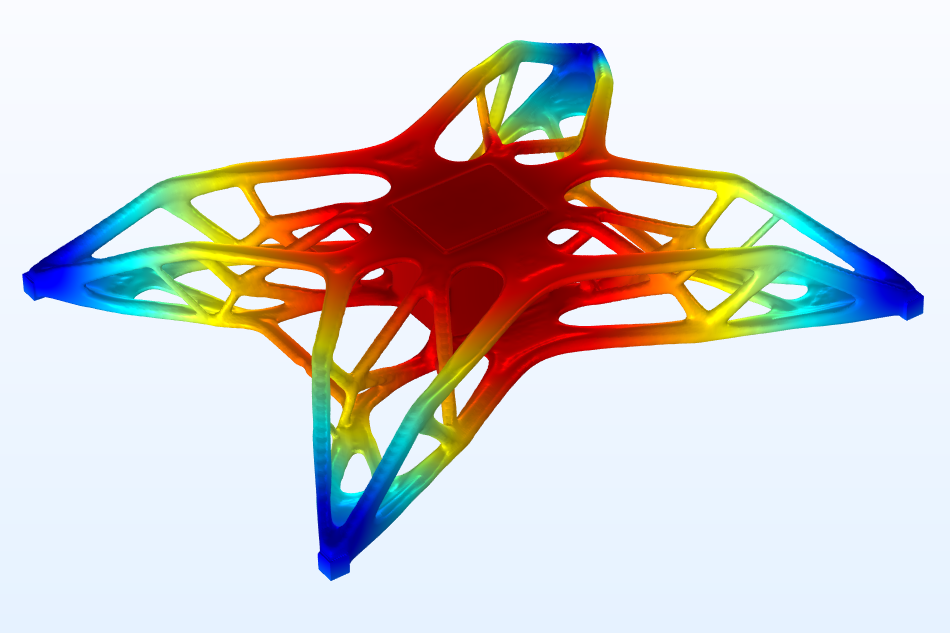 进行拓扑优化研究后的无人机模型，模拟位移在彩虹颜色表中可视化。