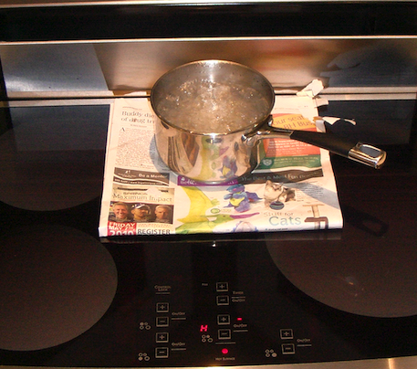 锅中的感应炉灶沸水的照片。