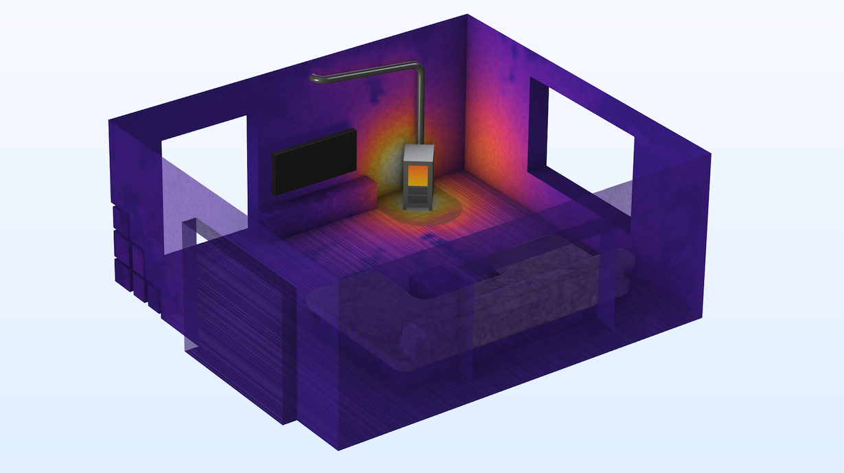 带有炉子的客厅中辐射热通量的模型。