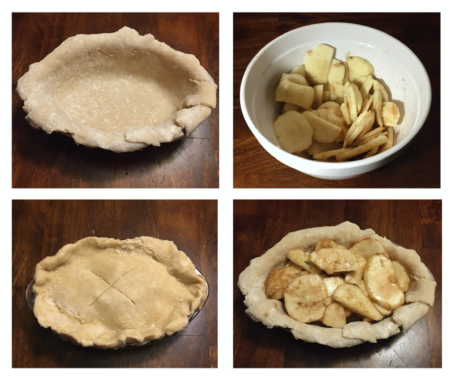 4张照片显示显示苹果派过程的不同阶段