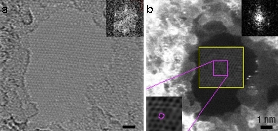 石墨烯单层的两个并排扫描图像，左图像处于明亮的田野模式，右侧的图像处于黑色和紫色标记的暗场模式。