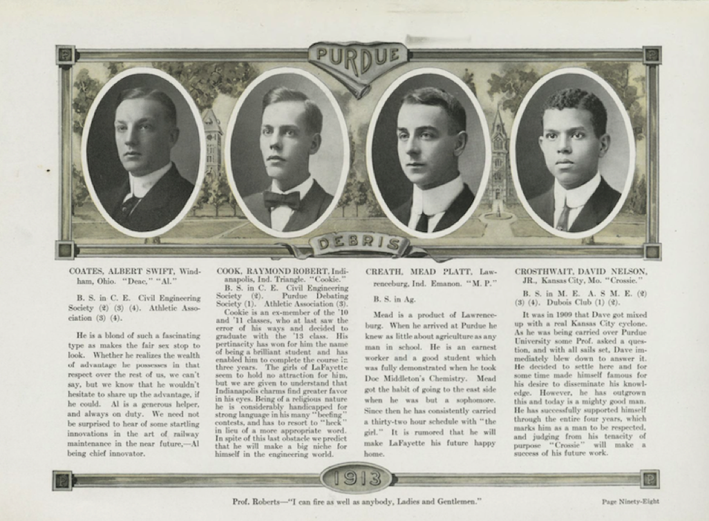1913年普渡大学年鉴的摘录，显示了四个学生的照片肖像，右边的照片与David Crosthwait的照片。