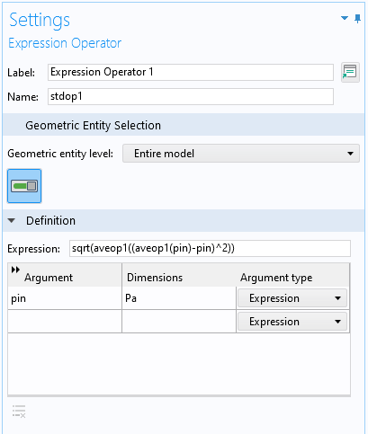 设置窗口的屏幕截图，显示了表达式操作员节点的几何实体选择和定义部分。定义部分中的表达式设置为SQRT（AVEOP1（（AVEOP1（PIN）-PIN）^2））。