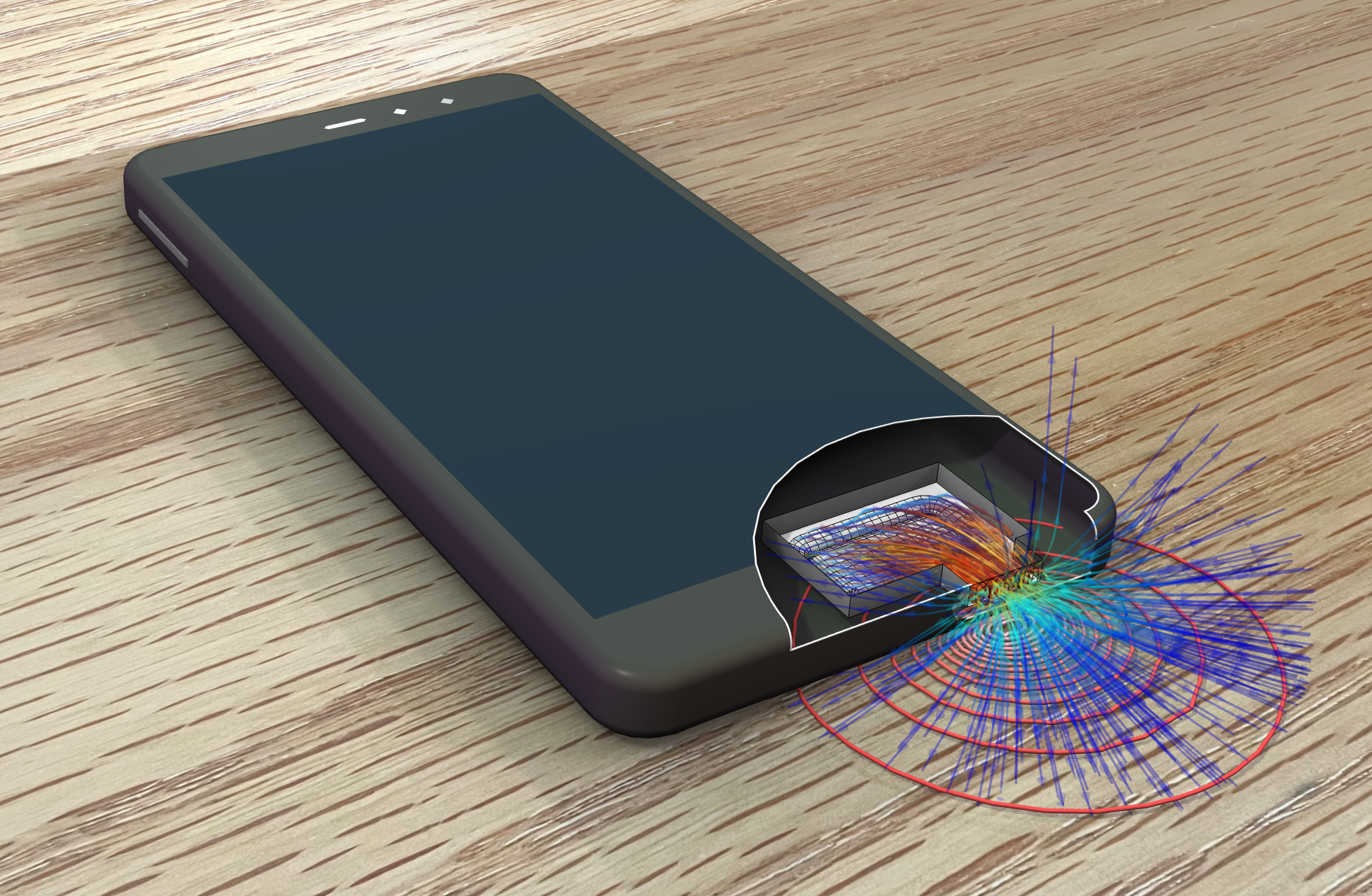 桌面上智能手机的模型可视化微声音扬声器的辐射强度。